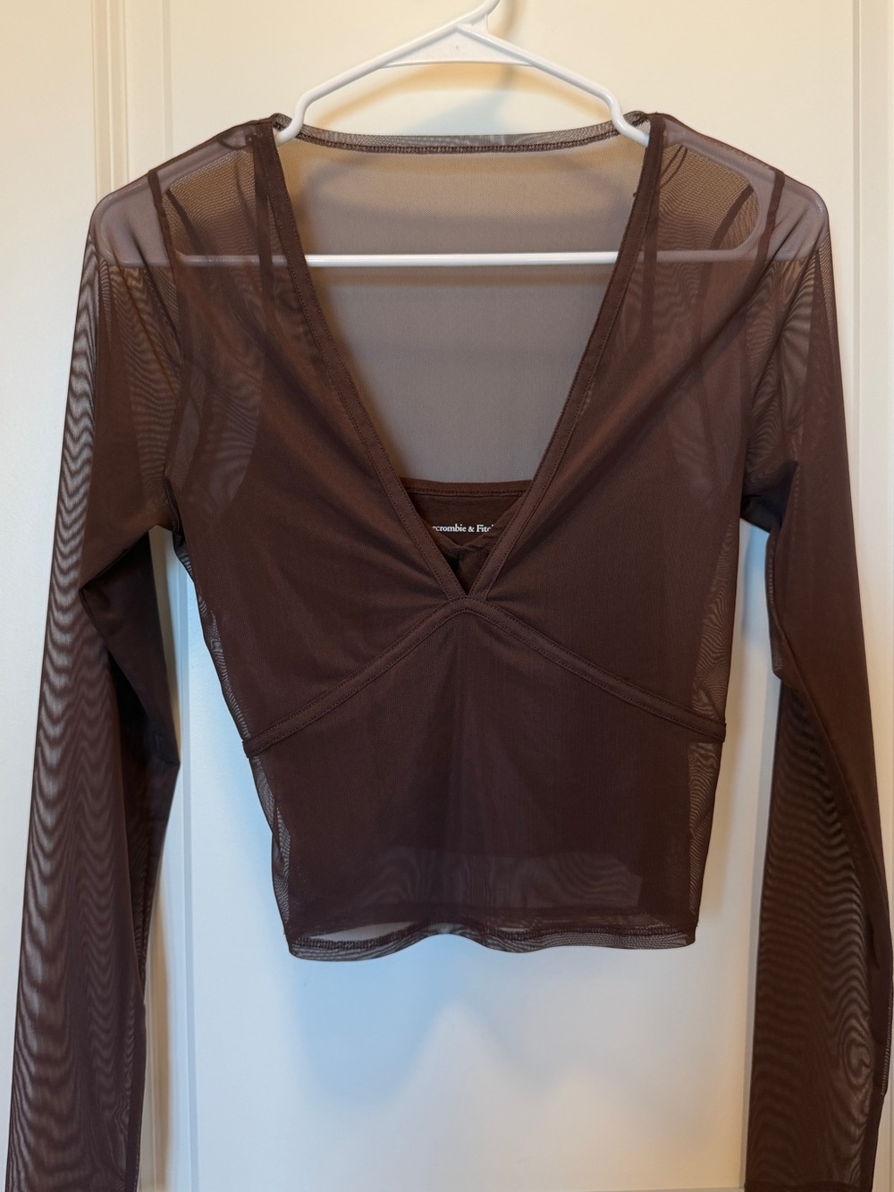 Mesh V-Neck Long Sleeve Crop Top - Brown